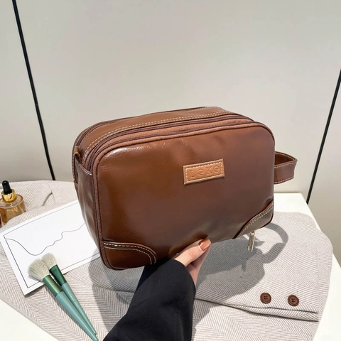 Vintage PU Lederen Schoudertas Voor Dames Retro Grote Capaciteit Handtas Contrast Stiksel Effen Kleur Toilettas Opbergtas