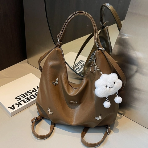 Women Casual PU Leather Tote Bag Large Capacity Hobo Shoulder Bag With Metal Butterfly Decor And Cloud Plush Charm