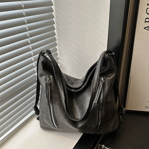 Vintage Damen PU Leder Hobo Tasche Große Kapazität Dual Use Schultertasche Rucksack Mit Vertikalen Reißverschlüssen