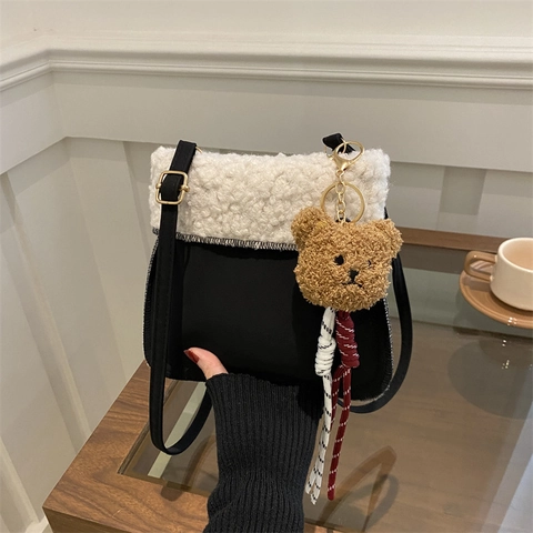 Borsa A Spalla Donna Pelle PU Patchwork Sherpa Lana Teddy Borsa A Tracolla Inverno Ciondolo Orso Moda Quadrata