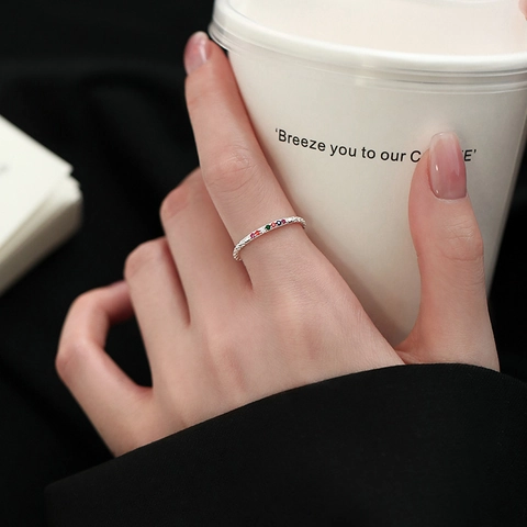 Colorful Zircon Open Ring Irregular Texture Copper Gold Silver Plated French Style Adjustable Jewelry Women