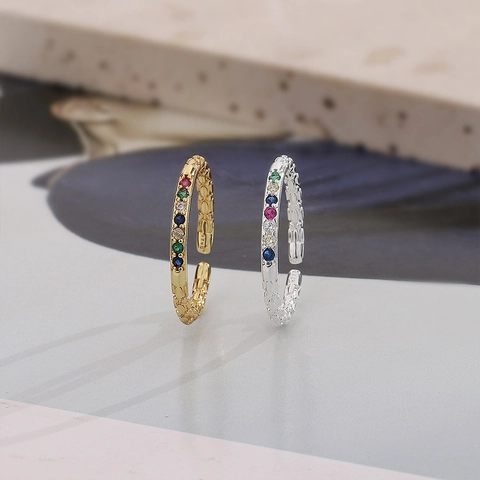 Colorful Zircon Open Ring Irregular Texture Copper Gold Silver Plated French Style Adjustable Jewelry Women