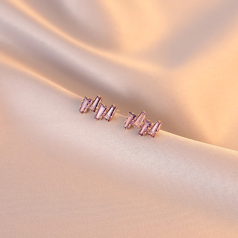Geometrische Paarse Zirkoon Oorknopjes Koperen Baguette Kristal Franse Stijl Dames 925 Sterling Zilveren Oorknopjes