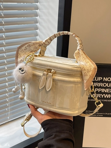 Women Crossbody Box Bag PU Leather Marble Texture With Scarf Wrapped Handle And Plush Monster Charm