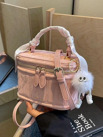 Women Crossbody Box Bag PU Leather Marble Texture With Scarf Wrapped Handle And Plush Monster Charm