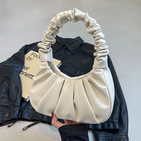 Women Ruched Dumpling Bag PU Leather Cloud Underarm Shoulder Bag Fashion Solid Color Casual Handbag