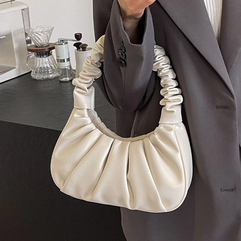 Women Ruched Dumpling Bag PU Leather Cloud Underarm Shoulder Bag Fashion Solid Color Casual Handbag