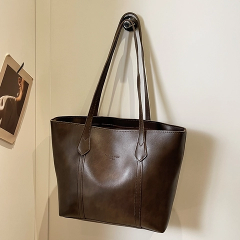 Women Vintage PU Leather Tote Bag Large Capacity Minimalist Urban Shoulder Underarm Bag Solid Color Commuting Handbag