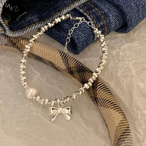 Elegant Bow Artificial Pearl Bracelet Silver Plated Copper Irregular Beads Sweet Minimalist Hand Jewelry For Women Adjustable