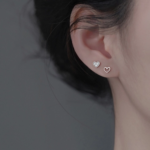 Asymmetric Heart Stud Earrings Zircon Inlaid Copper Jewelry With 925 Sterling Silver Earring Post For Women Minimalist