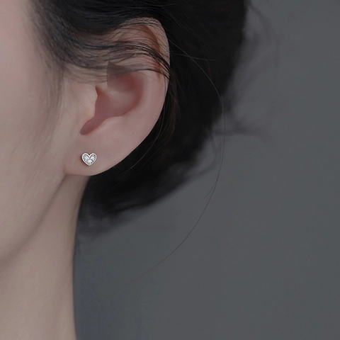 Asymmetric Heart Stud Earrings Zircon Inlaid Copper Jewelry With 925 Sterling Silver Earring Post For Women Minimalist