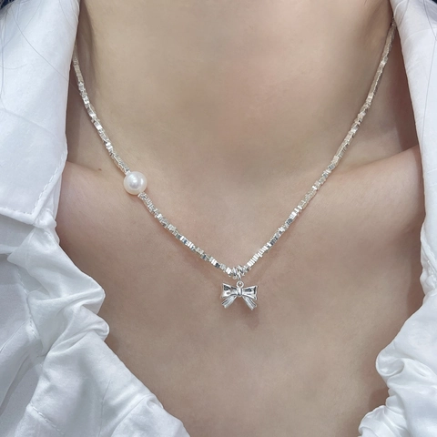 Schleife Künstliche Perle Halskette 925 Sterling Silber Unregelmäßige Künstliche Perlen Choker Französisch Süß Elegant Schmuck Für Frauen