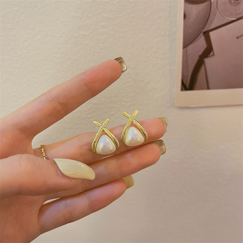 Geometric Cross Artificial Pearl Stud Earrings With 925 Sterling Silver Earring Post Vintage Minimalist Copper Elegant For Women