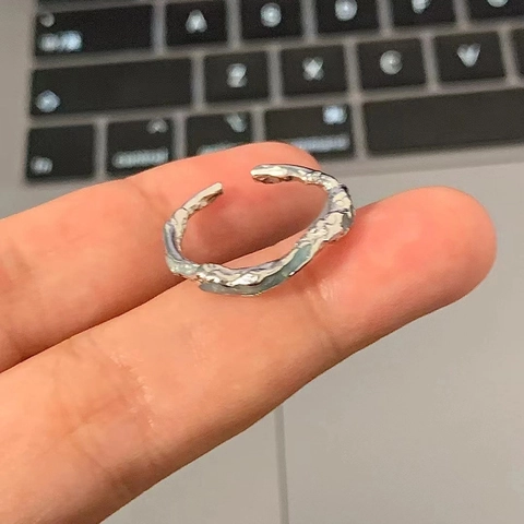 Irregular Molten Texture Opening Ring Copper Silver Plated Coastline Style Blue Enamel Adjustable Fashion Jewelry Women
