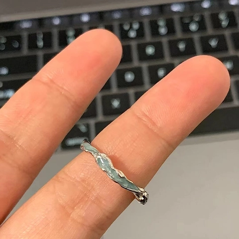 Irregular Molten Texture Opening Ring Copper Silver Plated Coastline Style Blue Enamel Adjustable Fashion Jewelry Women
