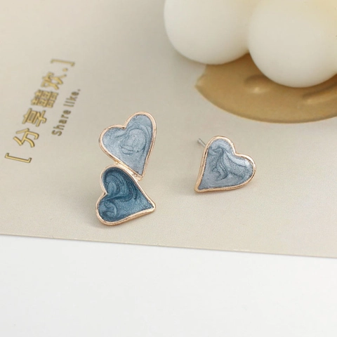 Orecchini A Lobo Cuore Asimmetrici Rame Smalto Blu Olio Goccia Stile Dolce Retrò Gioielli Per Orecchie Da Donna Versatili