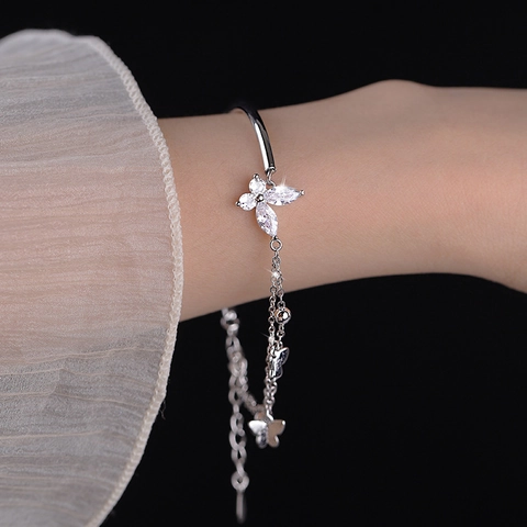 Bracciale Semirigido Farfalla Zirconia Cubica Doppia Catena Rame Intarsiato Gioielli Eleganti Per Donne