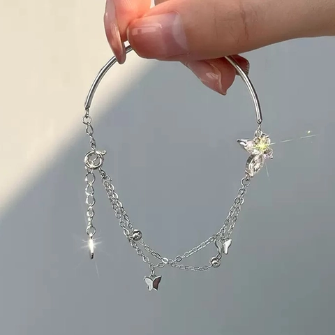 Bracciale Semirigido Farfalla Zirconia Cubica Doppia Catena Rame Intarsiato Gioielli Eleganti Per Donne