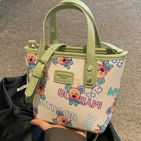 Bolso Tote de Cuero PU con Estampado de Ratón de Dibujos Animados Mujer Color de Contraste Mini Bolso de Hombro Casual Viaje
