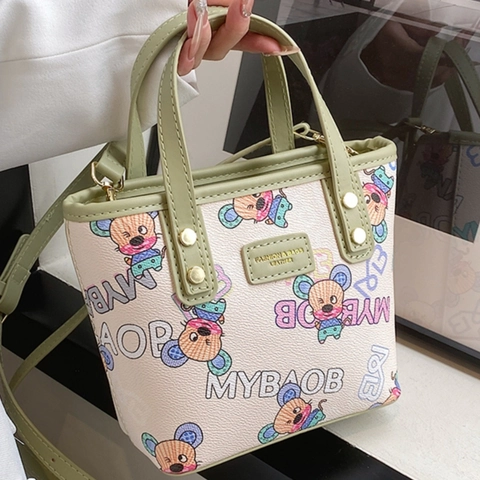 Bolso Tote de Cuero PU con Estampado de Ratón de Dibujos Animados Mujer Color de Contraste Mini Bolso de Hombro Casual Viaje