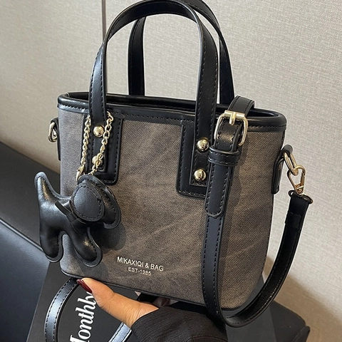 Women Vintage Bucket Bag PU Leather Denim Patchwork Handbag With Dog Charm Adjustable Shoulder Strap Casual Crossbody Bag Small Tote
