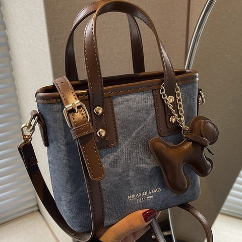 Women Vintage Bucket Bag PU Leather Denim Patchwork Handbag With Dog Charm Adjustable Shoulder Strap Casual Crossbody Bag Small Tote