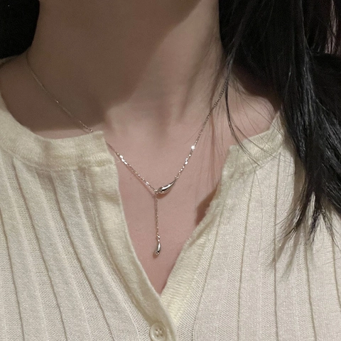 Minimalist Silver Color Copper Y-Necklace Featuring Double Water Drop Pendants And Long Tassel Chain Elegant Women Jewelry