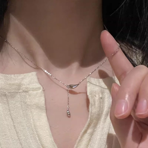 Minimalist Silver Color Copper Y-Necklace Featuring Double Water Drop Pendants And Long Tassel Chain Elegant Women Jewelry