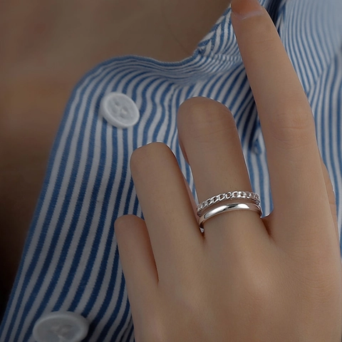 Zweischichtiger Hohler Kettenring Kupfer Verstellbarer Offener Band Minimalistischer Silberton Modeschmuck Für Damen