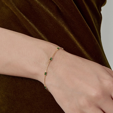 Bracciale In Rame Placcato Oro Con Zircone Verde Smeraldo Rettangolare Geometrico Catena Regolabile Per Donne Vintage