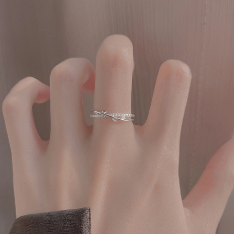 Olive Leaf Cross Over Adjustable Ring Copper With Zircon Minimalist Elegant Jewelry For Women