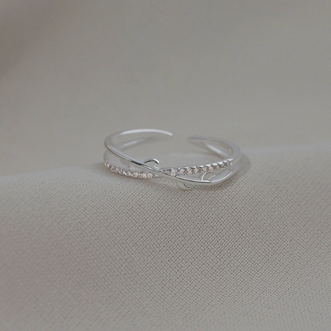 Olive Leaf Cross Over Adjustable Ring Copper With Zircon Minimalist Elegant Jewelry For Women