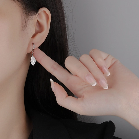 Leaf Shape Drop Hoop Earrings Copper With Cubic Zirconia Micro Pave Minimalist Elegant Plant Style Jewelry For Women