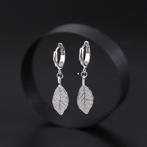 Leaf Shape Drop Hoop Earrings Copper With Cubic Zirconia Micro Pave Minimalist Elegant Plant Style Jewelry For Women