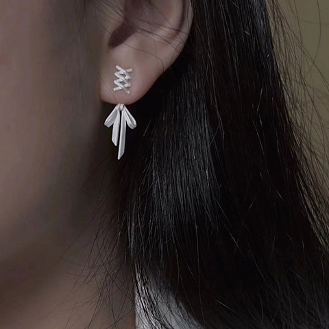Copper Ribbon Bow Earrings Matte Silver Color With Lace Up Design Versatile Sweet Cool Style Long Drop Studs For Women