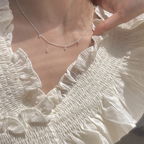 Teardrop Cubic Zirconia Tassel Necklace For Women Elegant Copper Silver Plated Water Drop Pendant Dainty Clavicle Chain