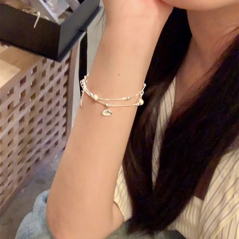 Bracelet Double Couche Feuille De Ginkgo Cuivre Plaqué Argent Avec Perles Style Doux Élégant Pour Femmes Filles