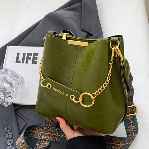 Vintage Bucket Bag Voor Dames PU Leer Gouden Ketting Brede Riem Met Patroon Retro Urban Schouder Crossbody Tas
