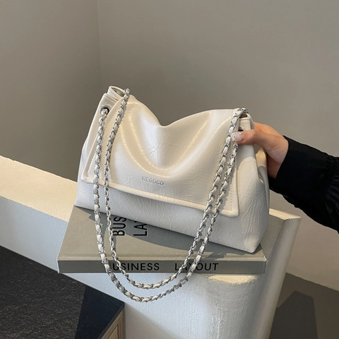 Borsa Tote in Pelle PU con Texture Increspata per Donna Argento Metallizzato Nero Bianco Tracolla a Catena Borsa a Spalla