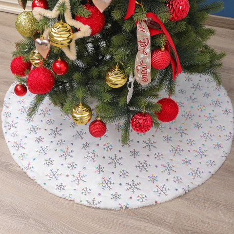 Gonna per Albero di Natale in Pelliccia Sintetica Bianca Con Motivo a Fiocco di Neve In Paillettes Copertura per Base Albero
