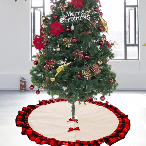 Falda para Árbol de Navidad de Arpillera Retro Con Bordo de Volantes a Cuadros Blancos y Negros Decoración Navideña