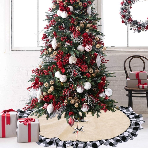 Falda para Árbol de Navidad de Arpillera Retro Con Bordo de Volantes a Cuadros Blancos y Negros Decoración Navideña