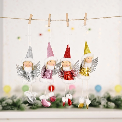 Christmas Angel Girl Doll Hanging Ornament Sequins Wings For Christmas Tree Party Decoration Gold Red Pink Silver Decor