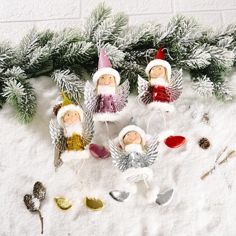 Sequin Wing Angel Girl Hanging Ornament For Christmas Tree Cute Plush Fairy Pendant Holiday Party Home Decoration