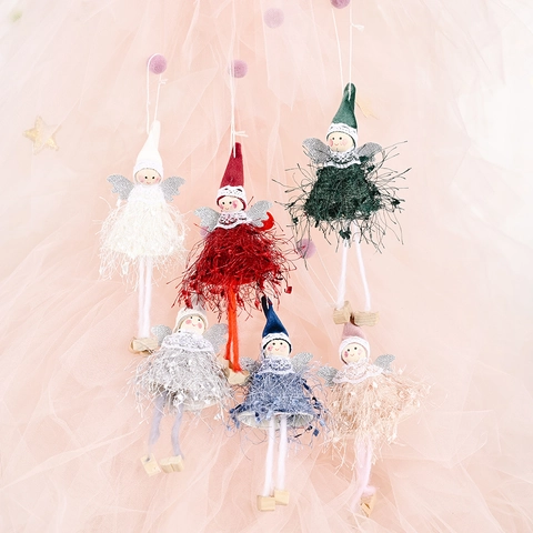 Christmas Angel Hanging Doll Ornaments Plush Lace Fabric Silver Glitter Wings Wooden Feet Festive Holiday Tree Home Decoration
