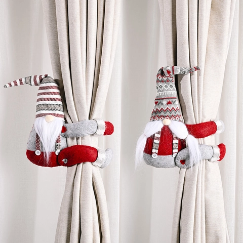 Christmas Gnome Curtain Buckle Striped Hat Forest Old Man Fabric Tieback For Holiday Home Interior Decor Red Gray