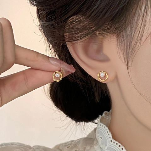 Franse Vintage Luxe Goud Gedraaid Touw Hol Rond Oorknopjes Met Kunstparel En Silver Earring Post Voor Vrouwen Sieraden