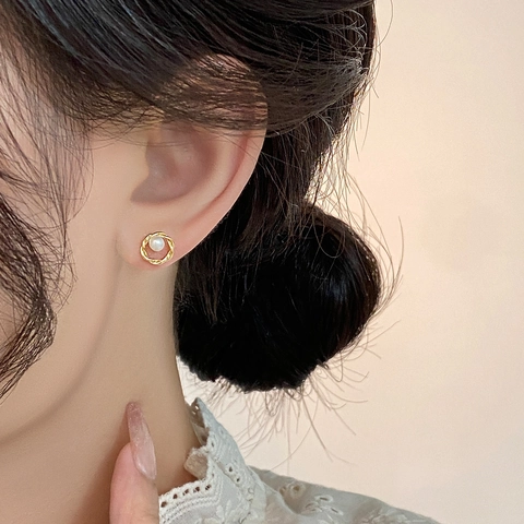 Franse Vintage Luxe Goud Gedraaid Touw Hol Rond Oorknopjes Met Kunstparel En Silver Earring Post Voor Vrouwen Sieraden