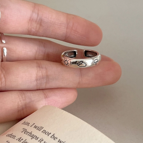 Kupferring Sonne Wolke Regenschirm Wetter Graviert Minimalistisch Verstellbar Offener Ring Modeschmuck Für Damen