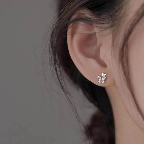 Orecchini A Lobo Doppia Farfalla Rame Con Zirconia Cubica Elegante Minimalista Gioielli Donna Perno In Argento
